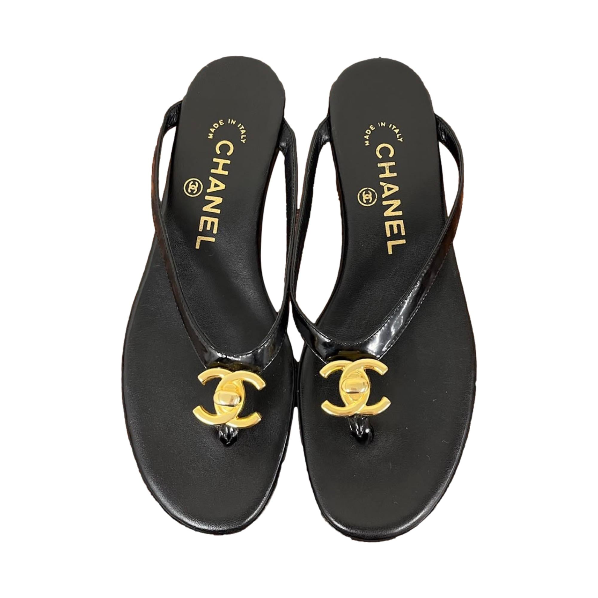 Chanel Black Logo Turnlock Sandals