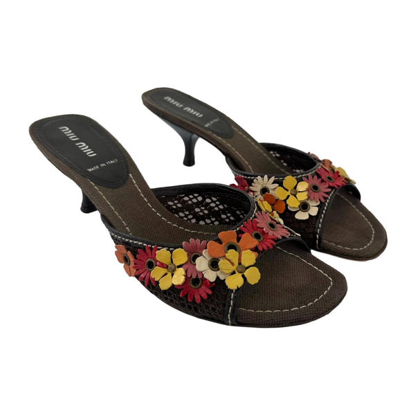 Miu Miu Brown Leather Flower Kitten Heels