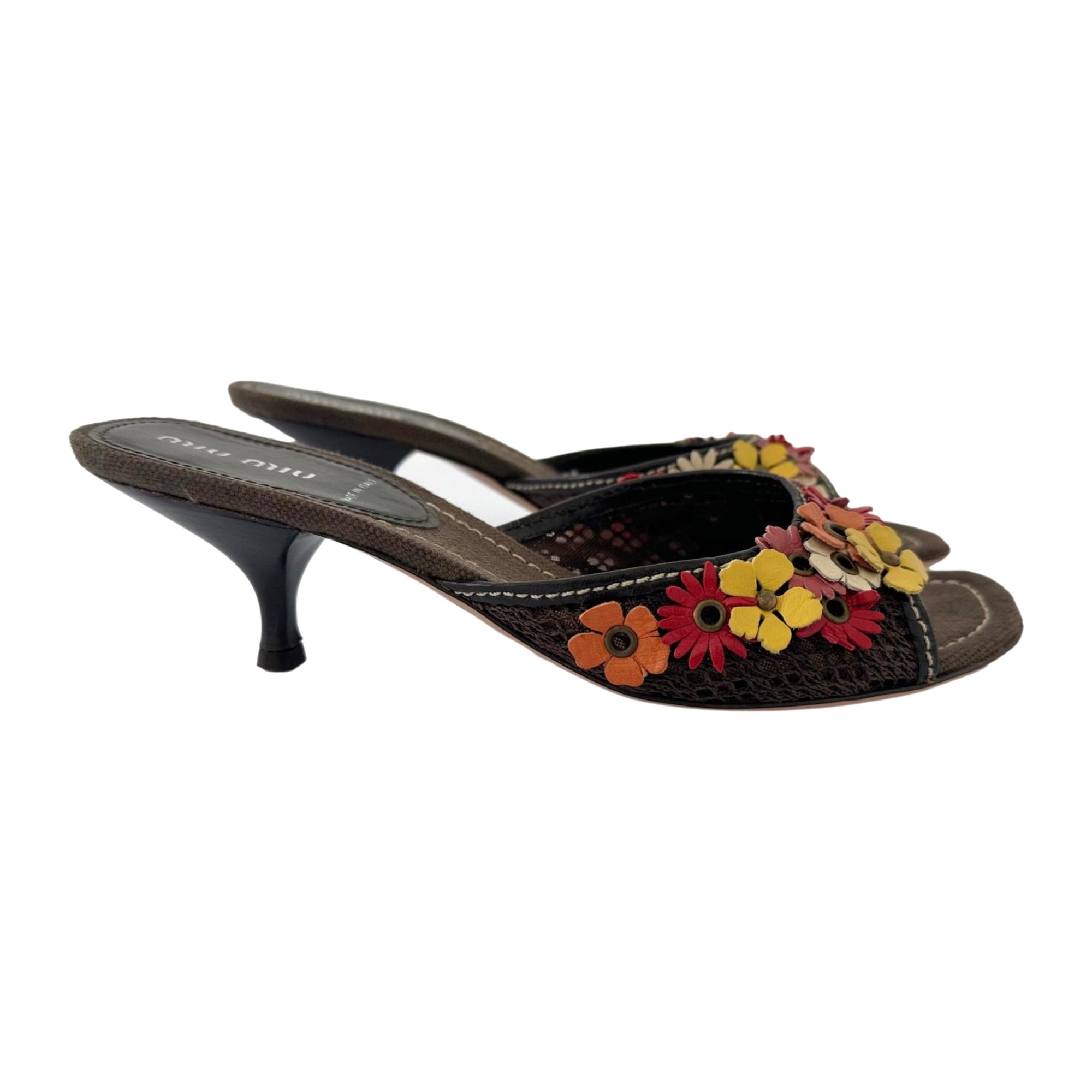 Miu Miu Brown Leather Flower Kitten Heels