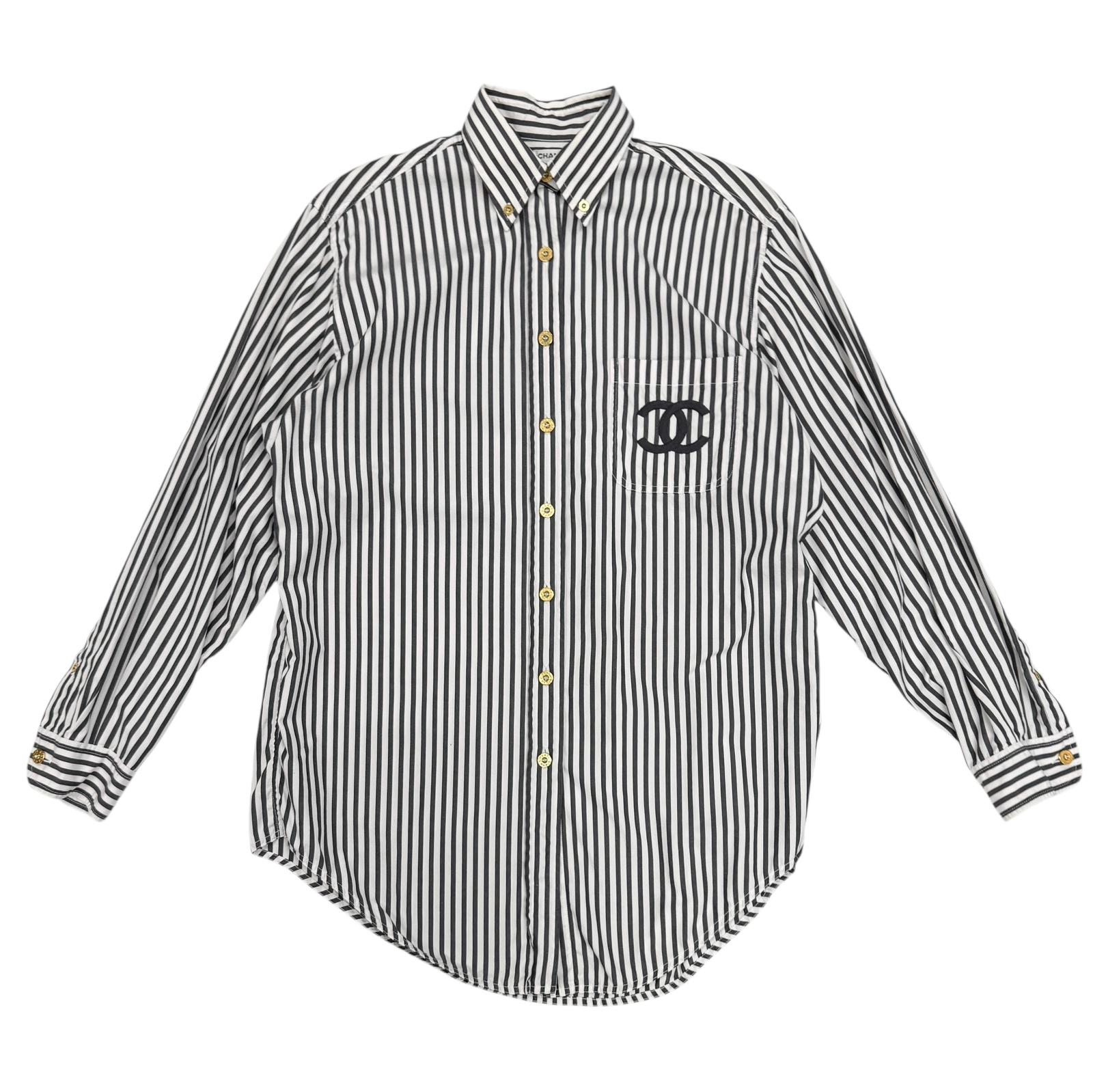 Chanel Oversized Black + White Striped Button Down Top