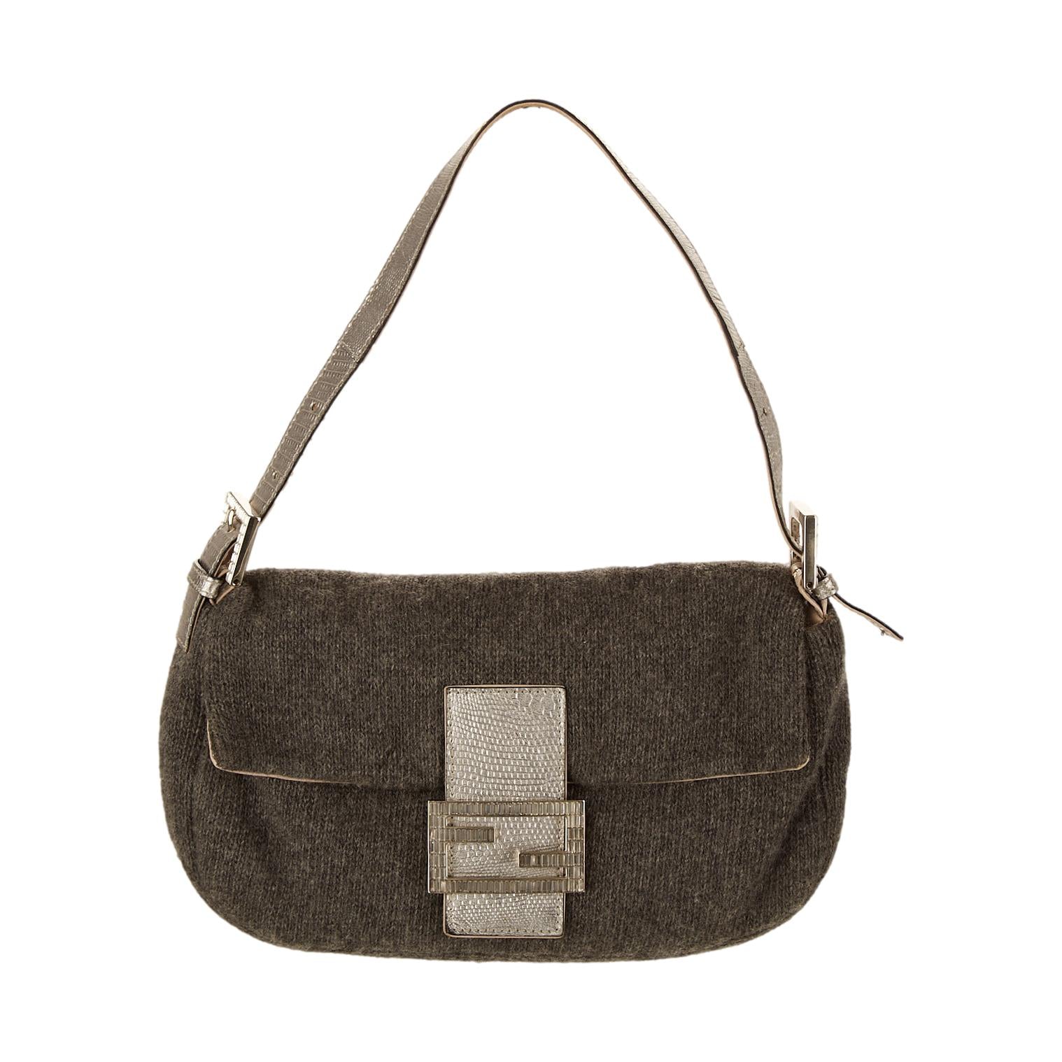 Fendi Grey Wool Rhinestone Baguette