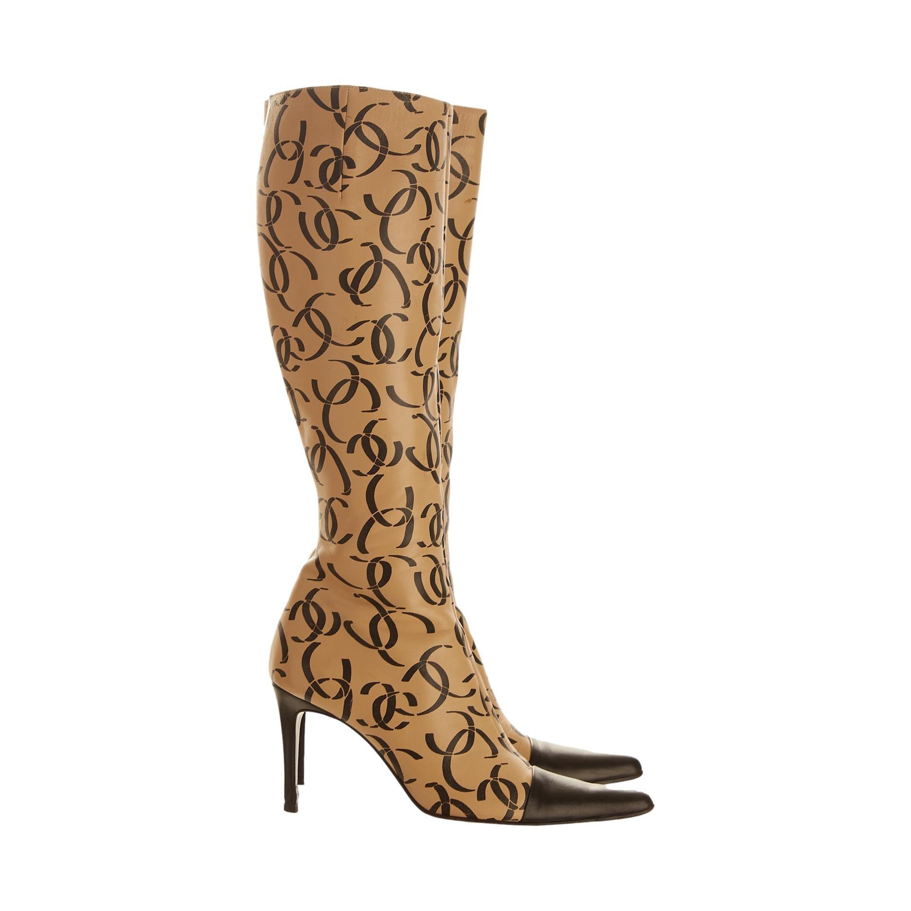 Chanel Tan Logo Knee High Boots