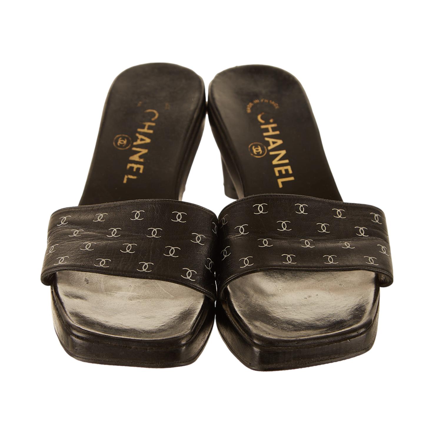 CHANEL Black and White Leather Logo Mules