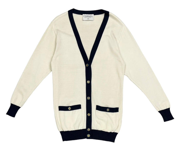 Chanel White Logo Button Cardigan