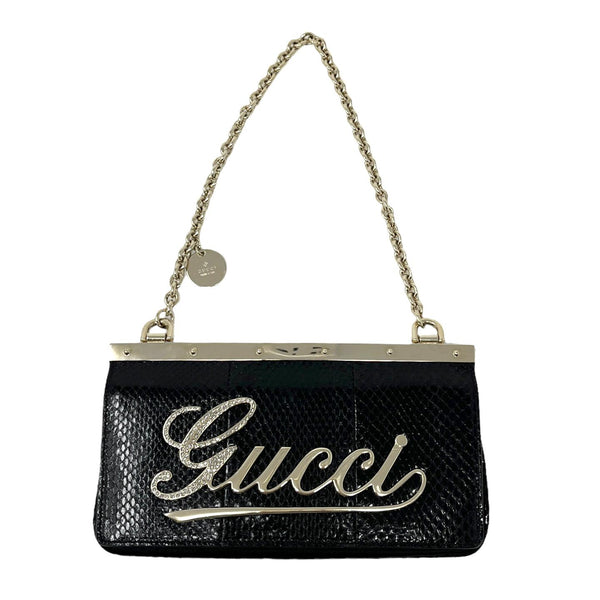 Gucci Black Snakeskin Rhinestone Logo Mini Shoulder Bag