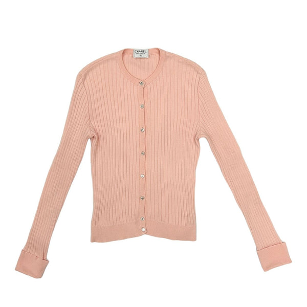 Chanel Pink Ribbed Logo Cardigan