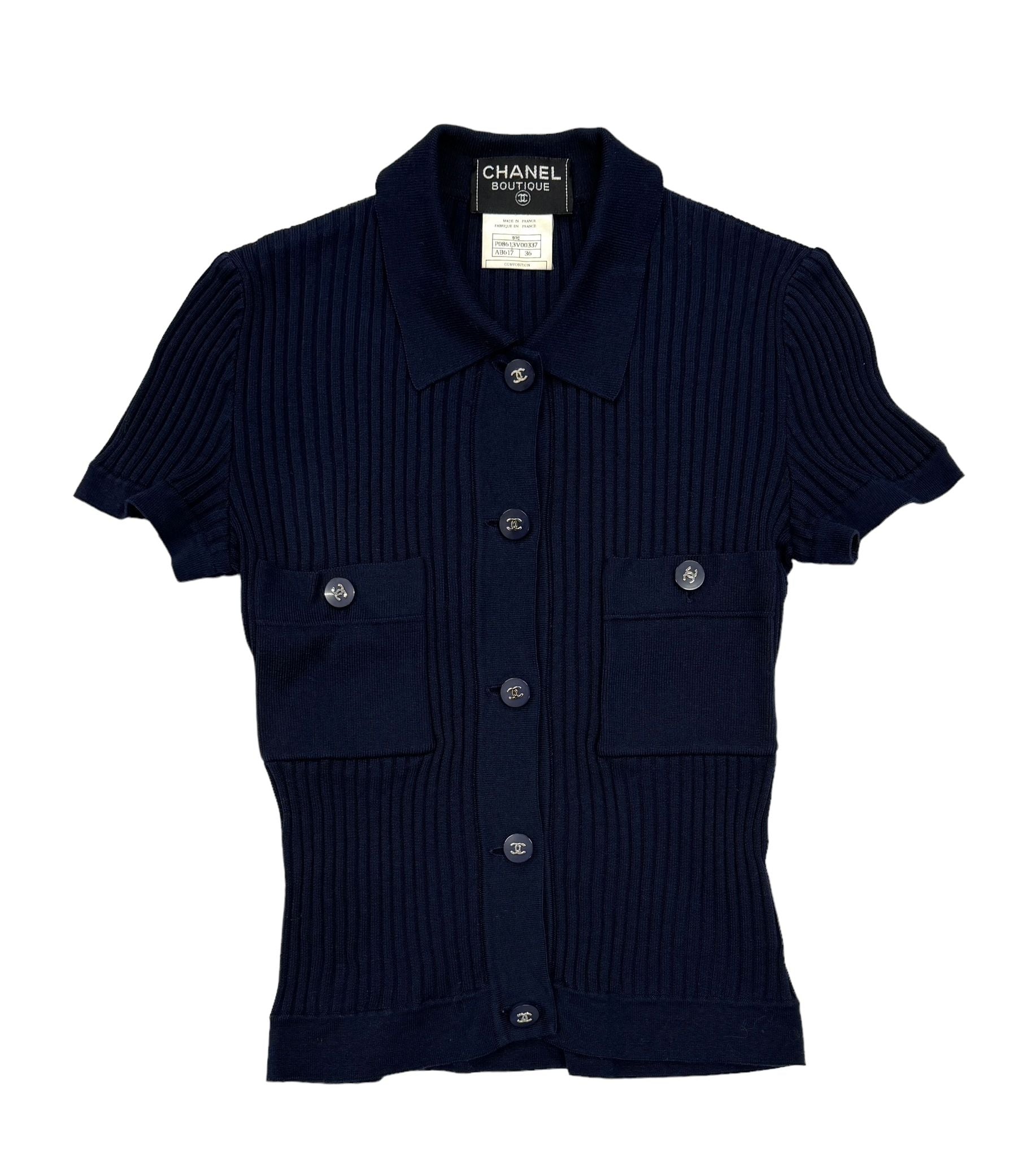 Chanel Navy Ribbed Logo Short Sleeve Button Down