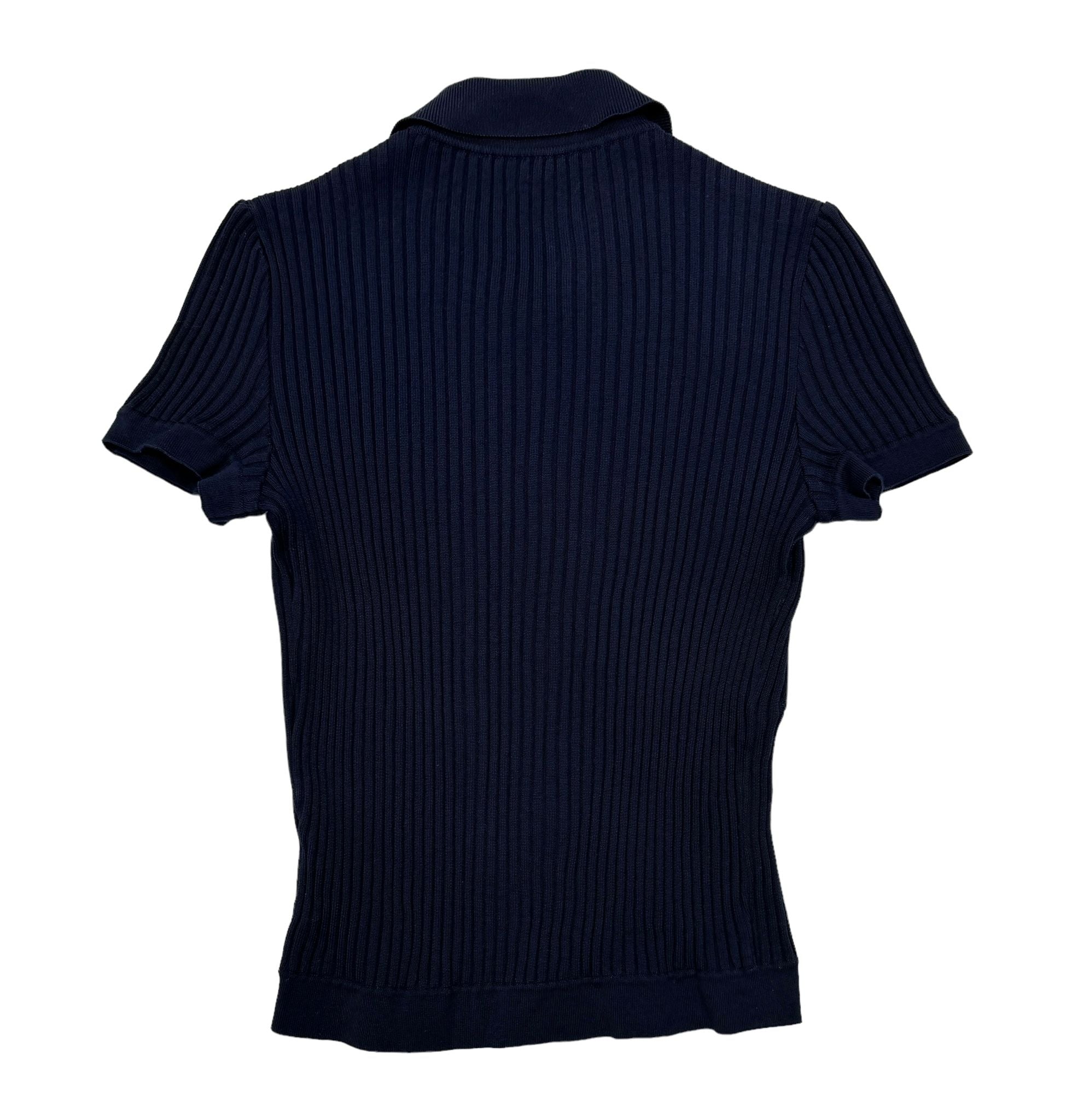 Chanel Navy Ribbed Logo Short Sleeve Button Down