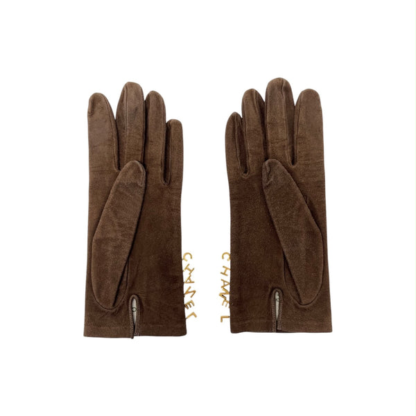 Chanel Brown Suede Charm Logo Gloves
