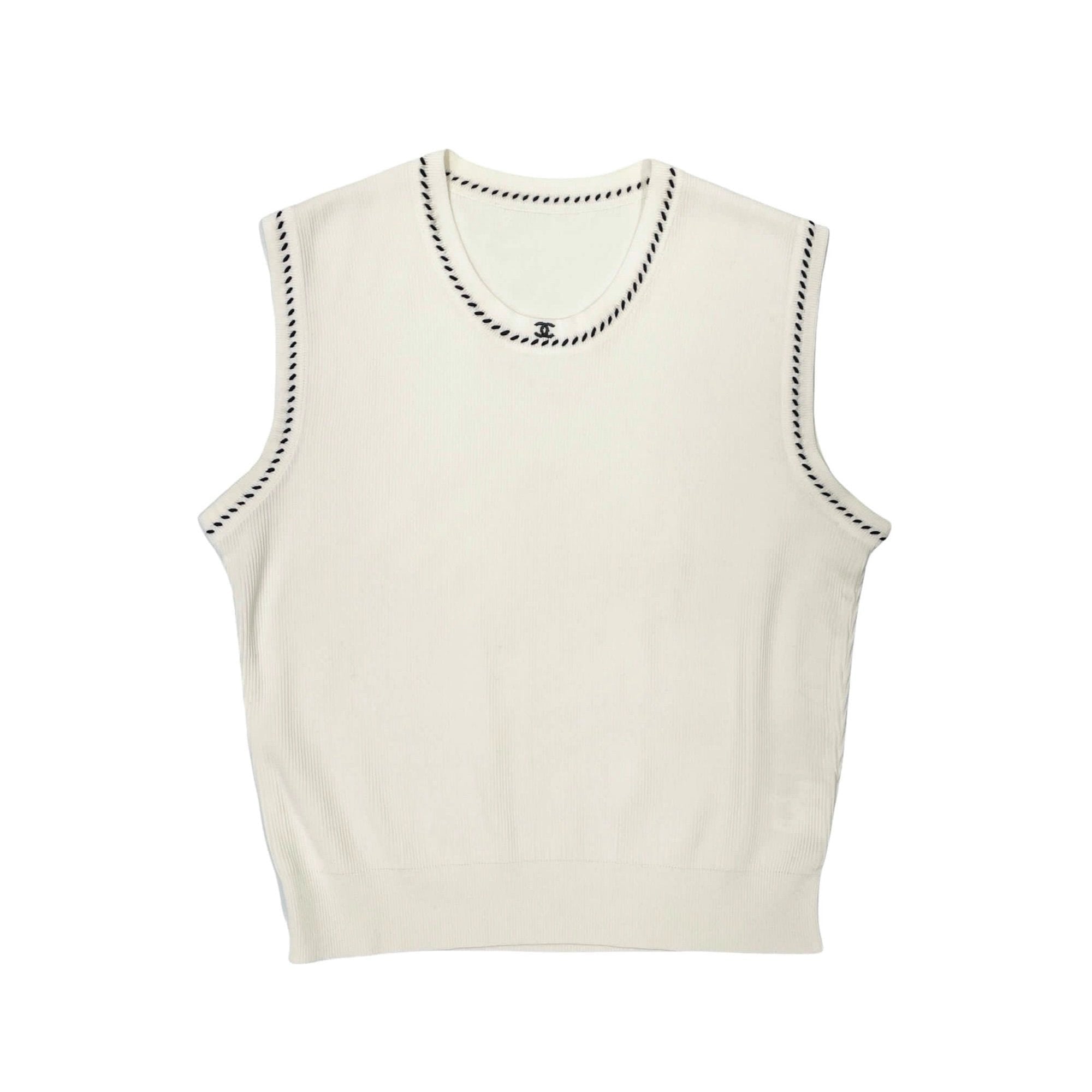 Chanel Off White Ribbed Logo Tank Top