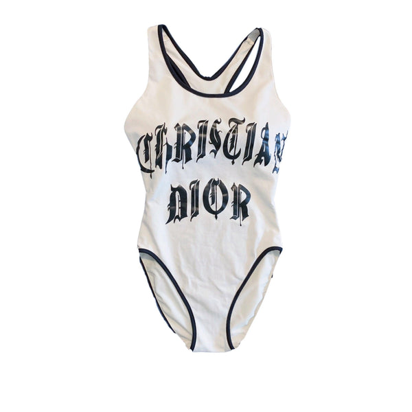 Dior White Gothic Logo One Piece - Swimwear