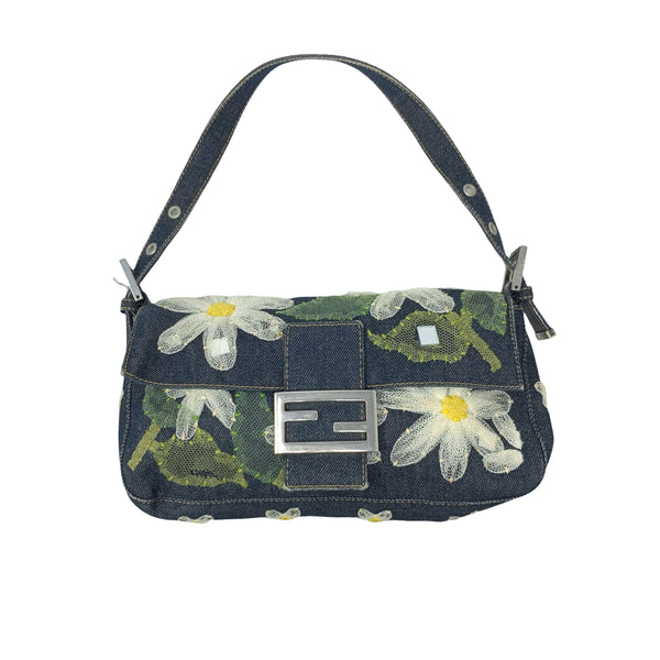 Fendi Denim Floral Baguette Bag - Handbags