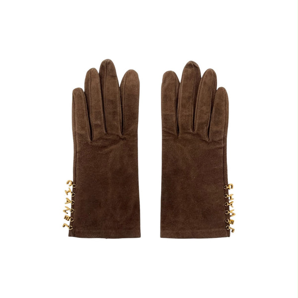 Chanel Brown Suede Charm Logo Gloves