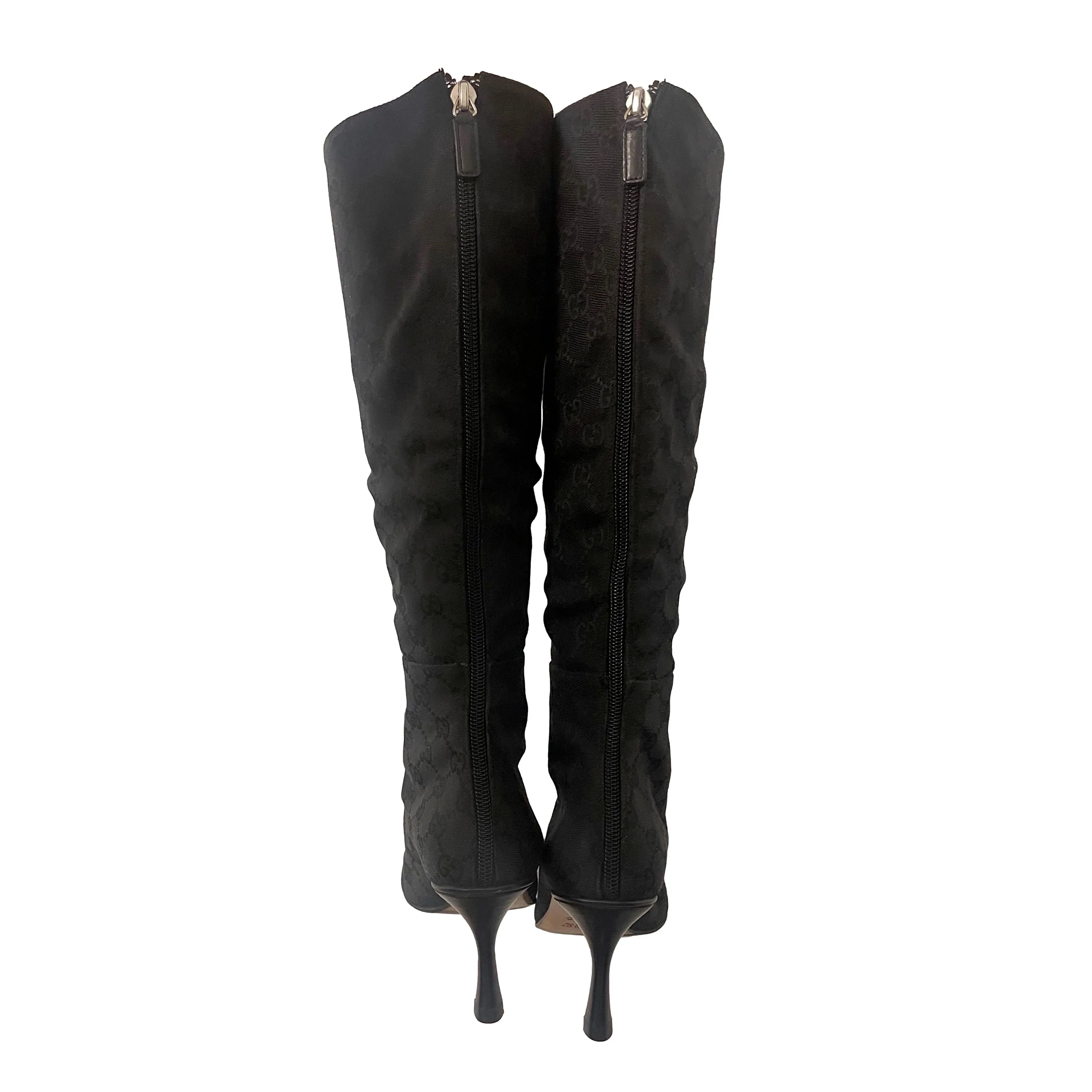 Gucci Black Monogram Knee-High Boots - Shoes