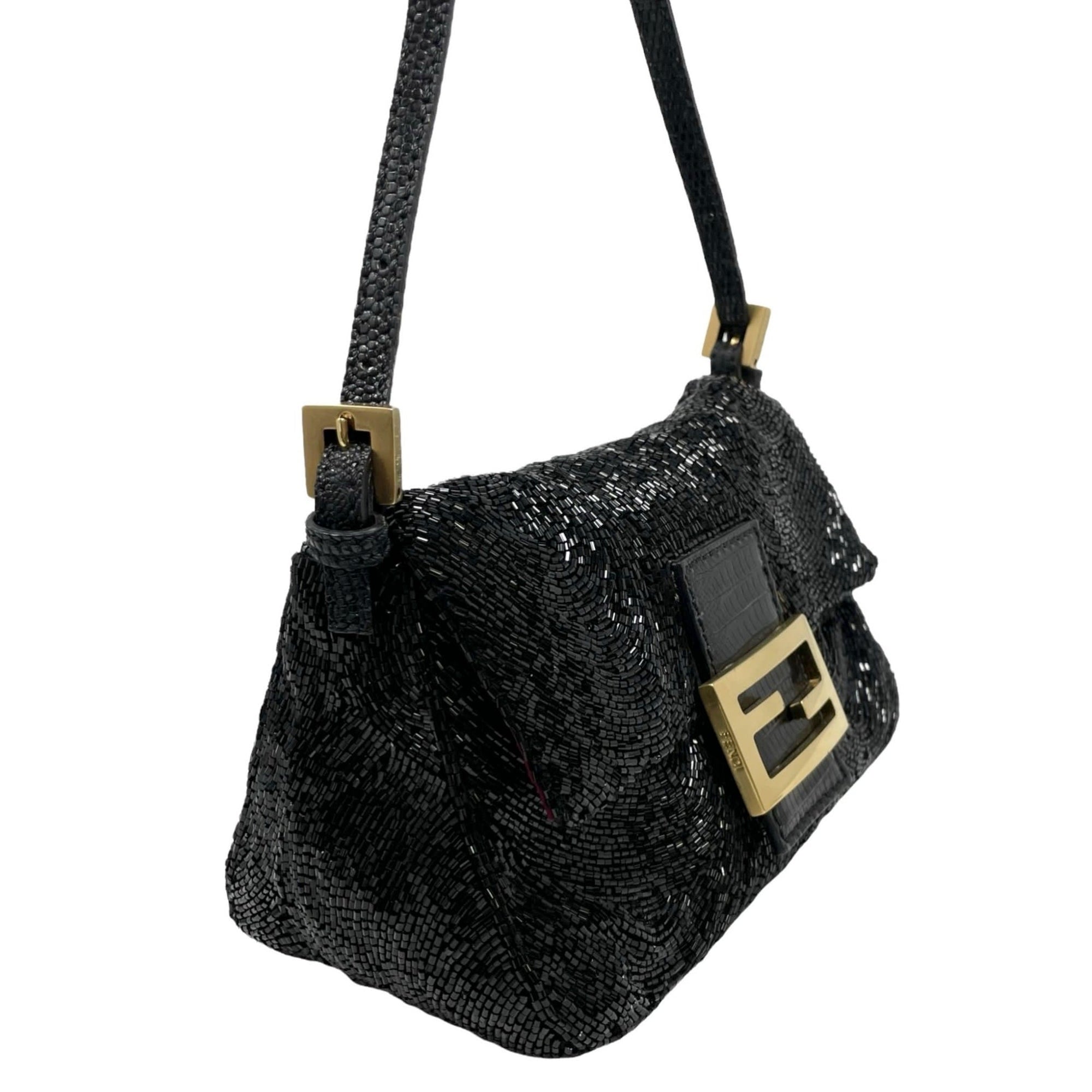 Fendi Black Beaded Mini Baguette Bag