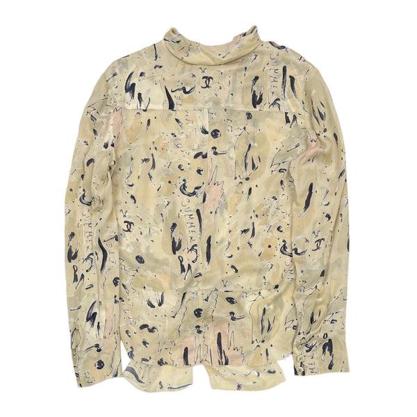 Chanel Beige Logo Print Tie Button Down