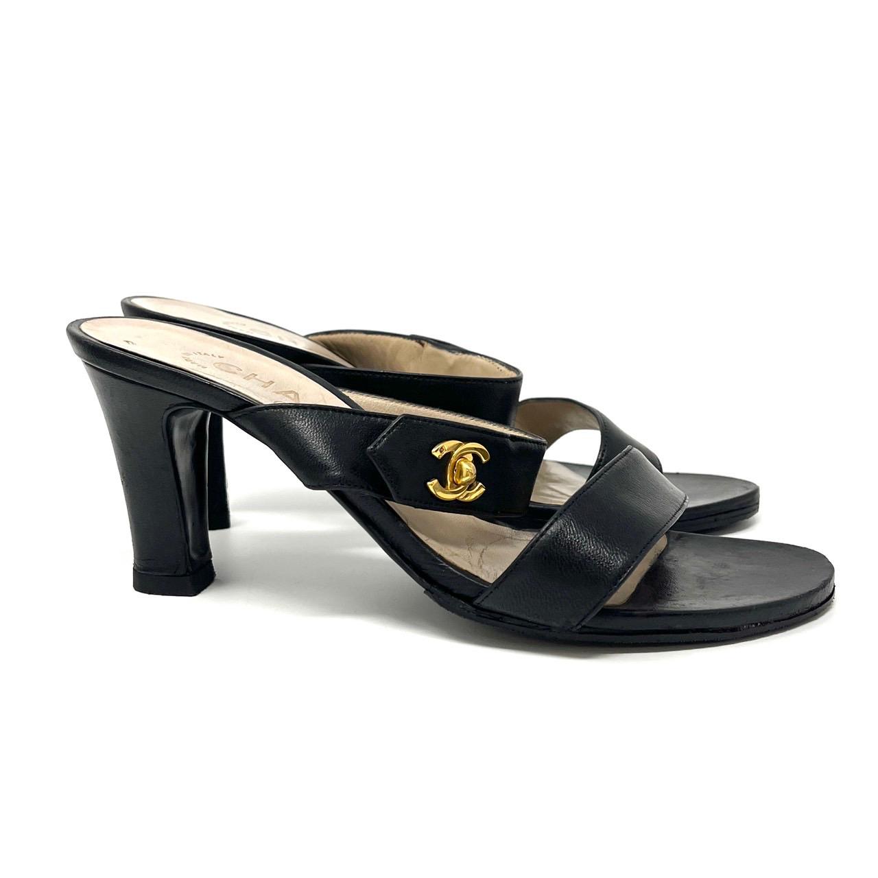 Chanel Black Turnlock Logo Heels