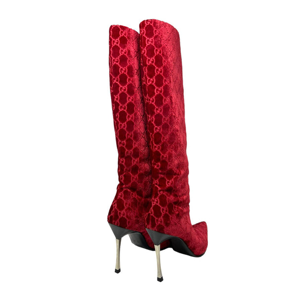 Gucci Red Velvet Knee High Boots