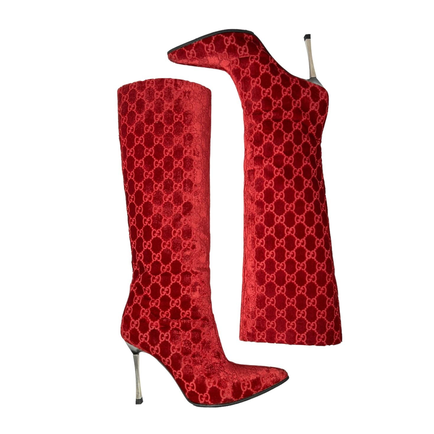 Gucci Red Velvet Knee High Boots Treasures of NYC