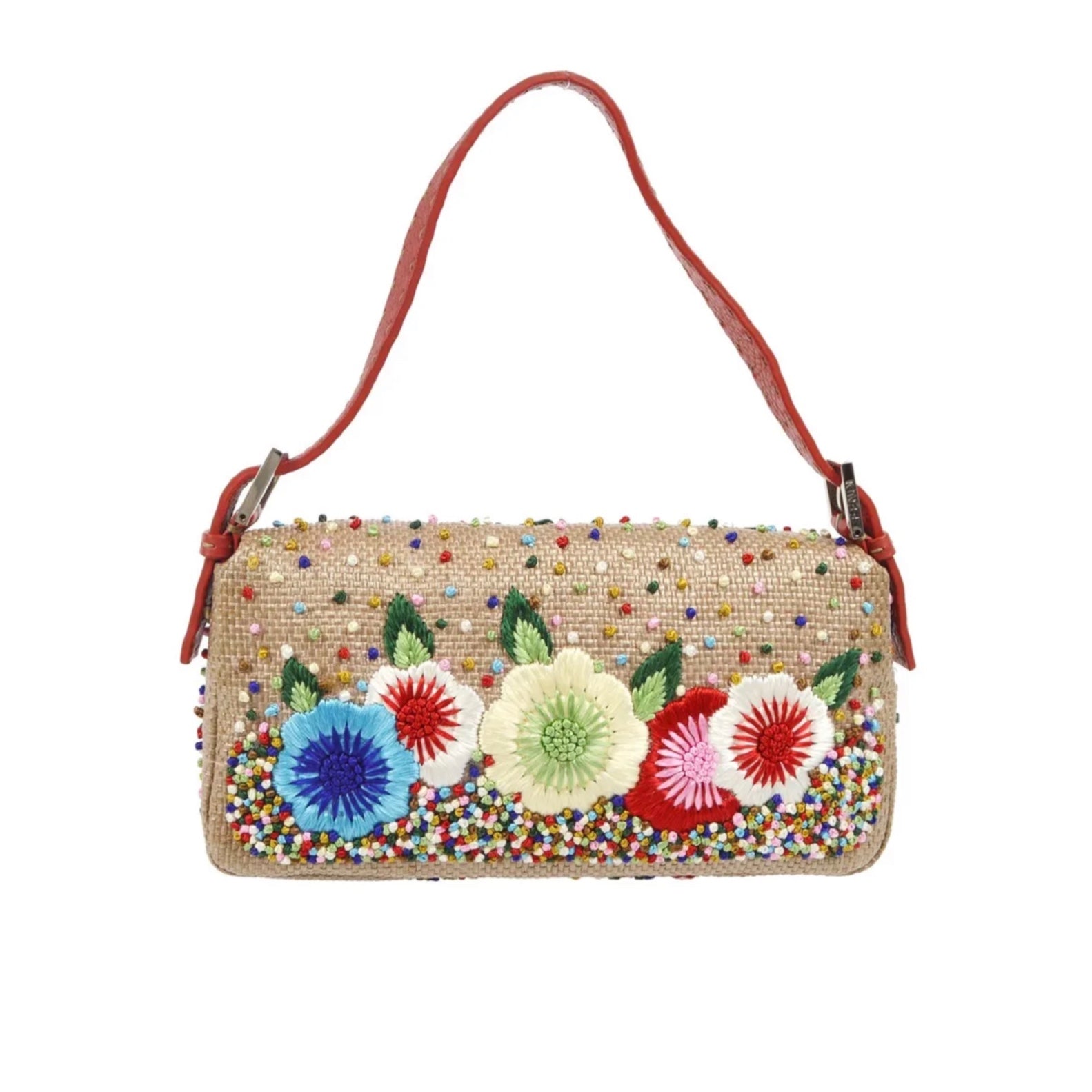 Fendi Tan Embroidered Floral Baguette