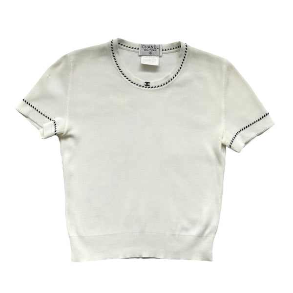 Chanel White Ribbed Logo Top