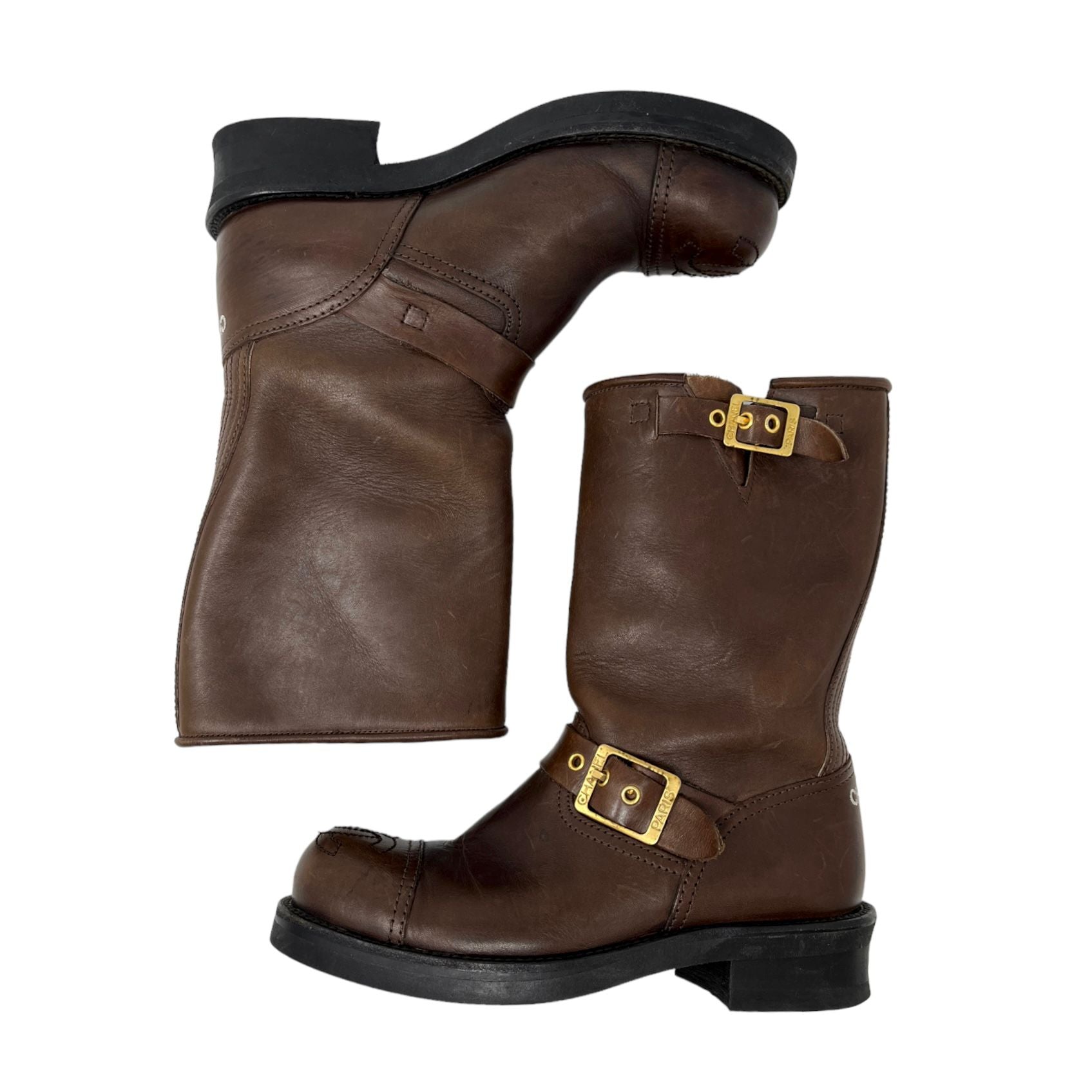 Chanel Brown Logo Buckle Boots