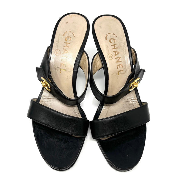 Chanel Black Turnlock Logo Heels