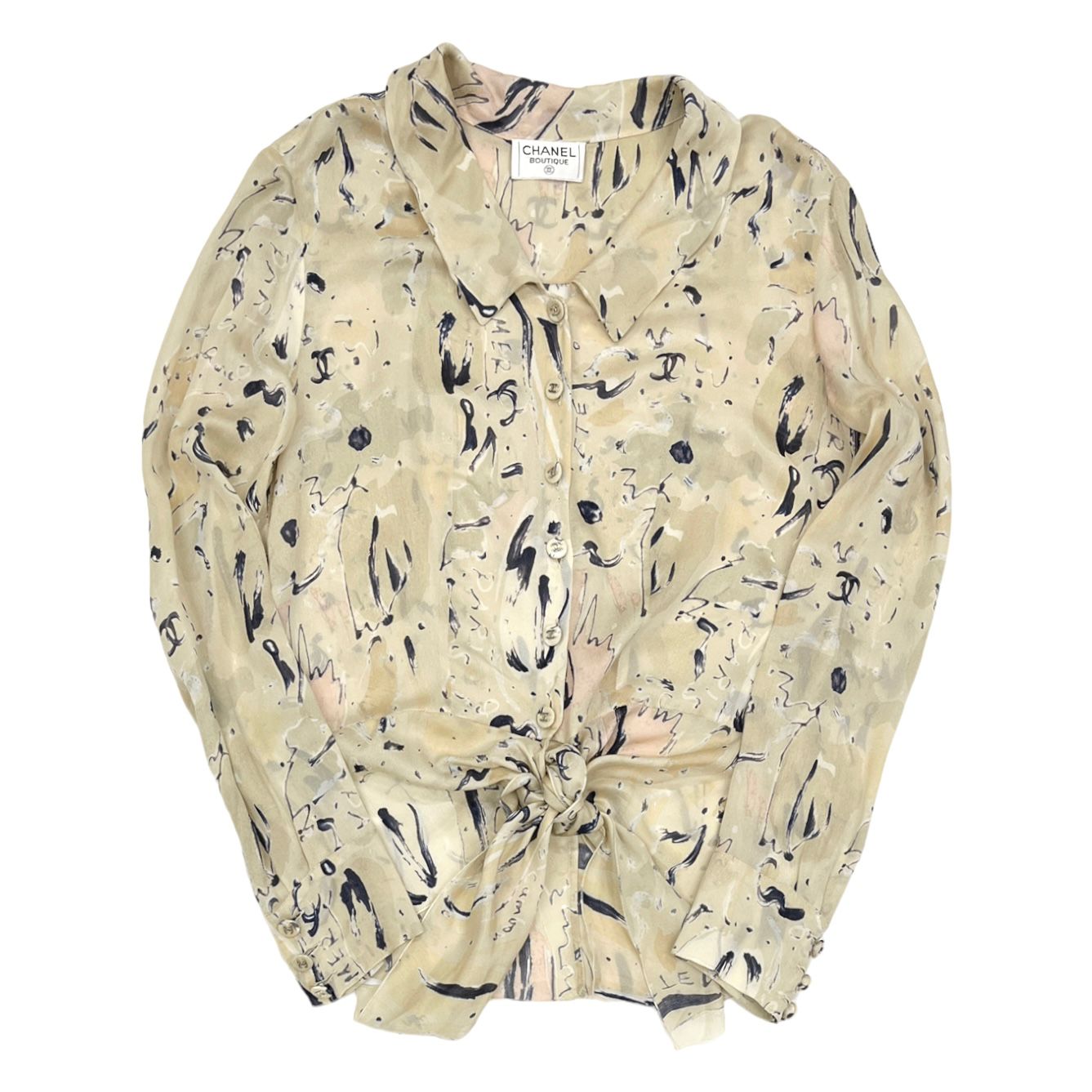 Chanel Beige Logo Print Tie Button Down