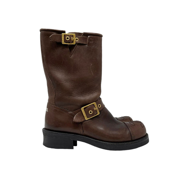 Chanel Brown Logo Buckle Boots
