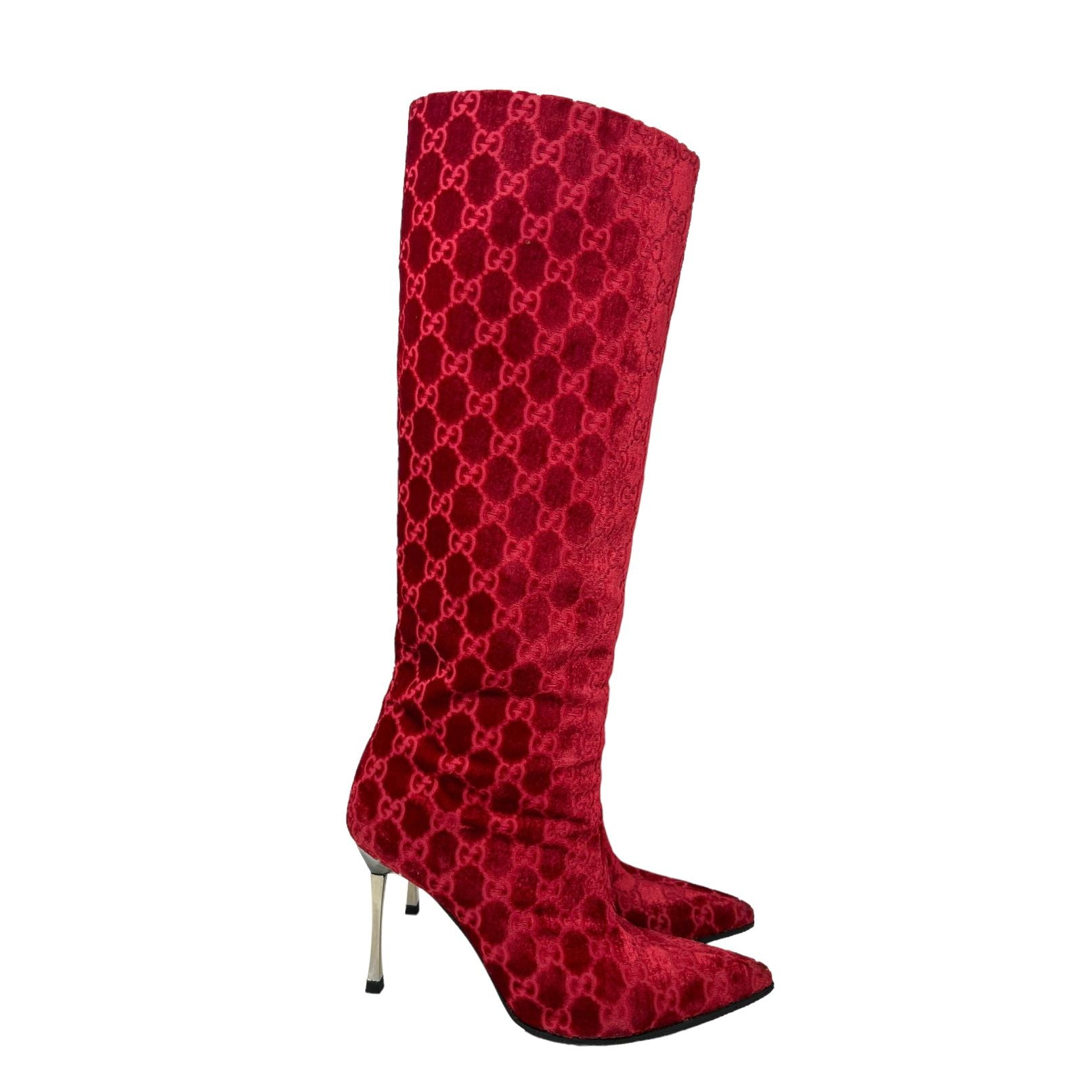 Gucci Red Velvet Knee High Boots
