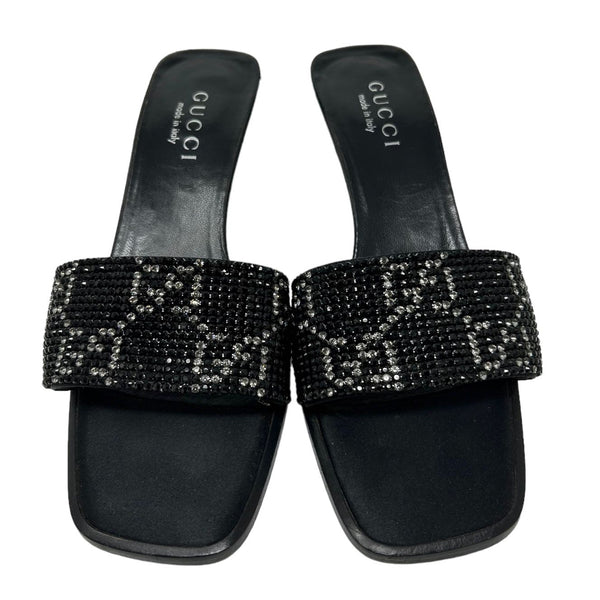 Gucci Black Rhinestone Logo Kitten Heels