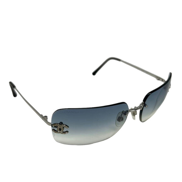 Chanel Blue Rhinestone Logo Rimless Sunglasses