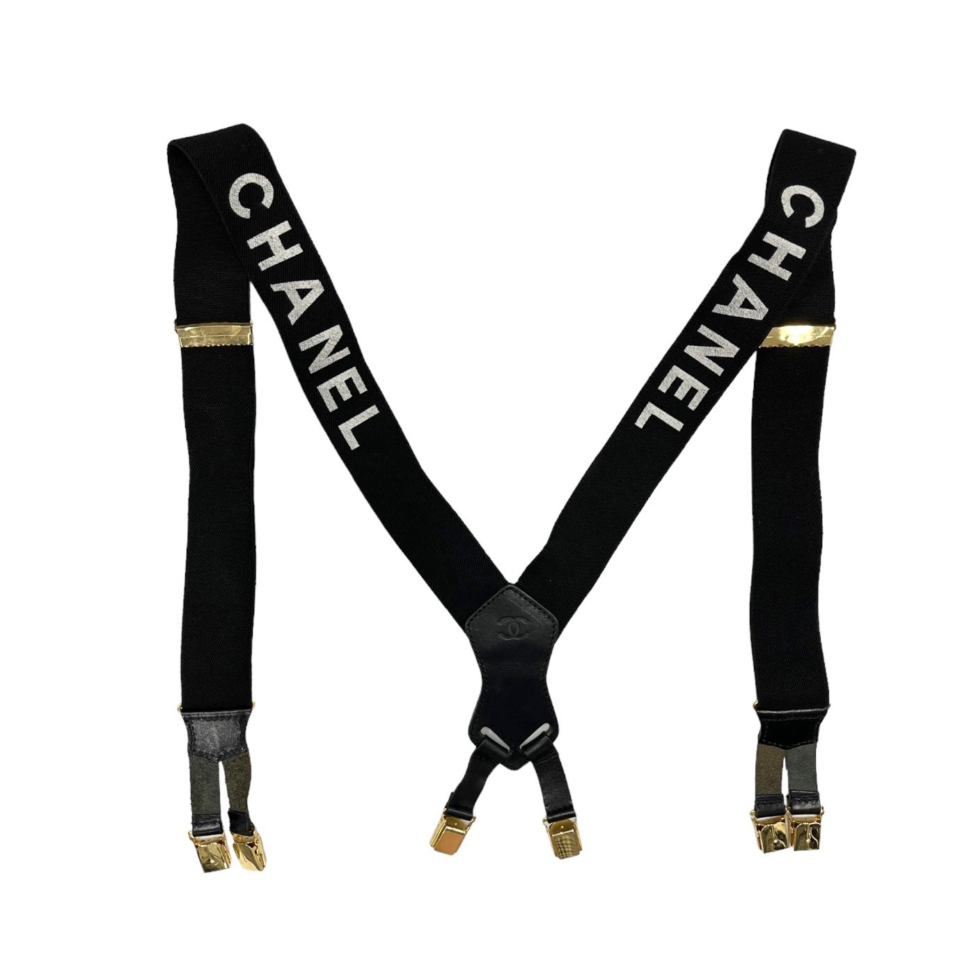 CHANEL Logo Used Suspender Black Sewing Elastic Leather Vintage Auth #CJ416  S