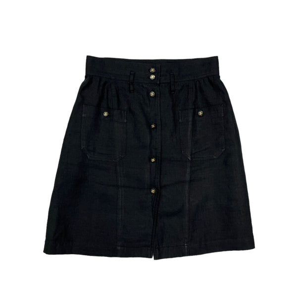 Chanel Black Linen Logo Button Skirt