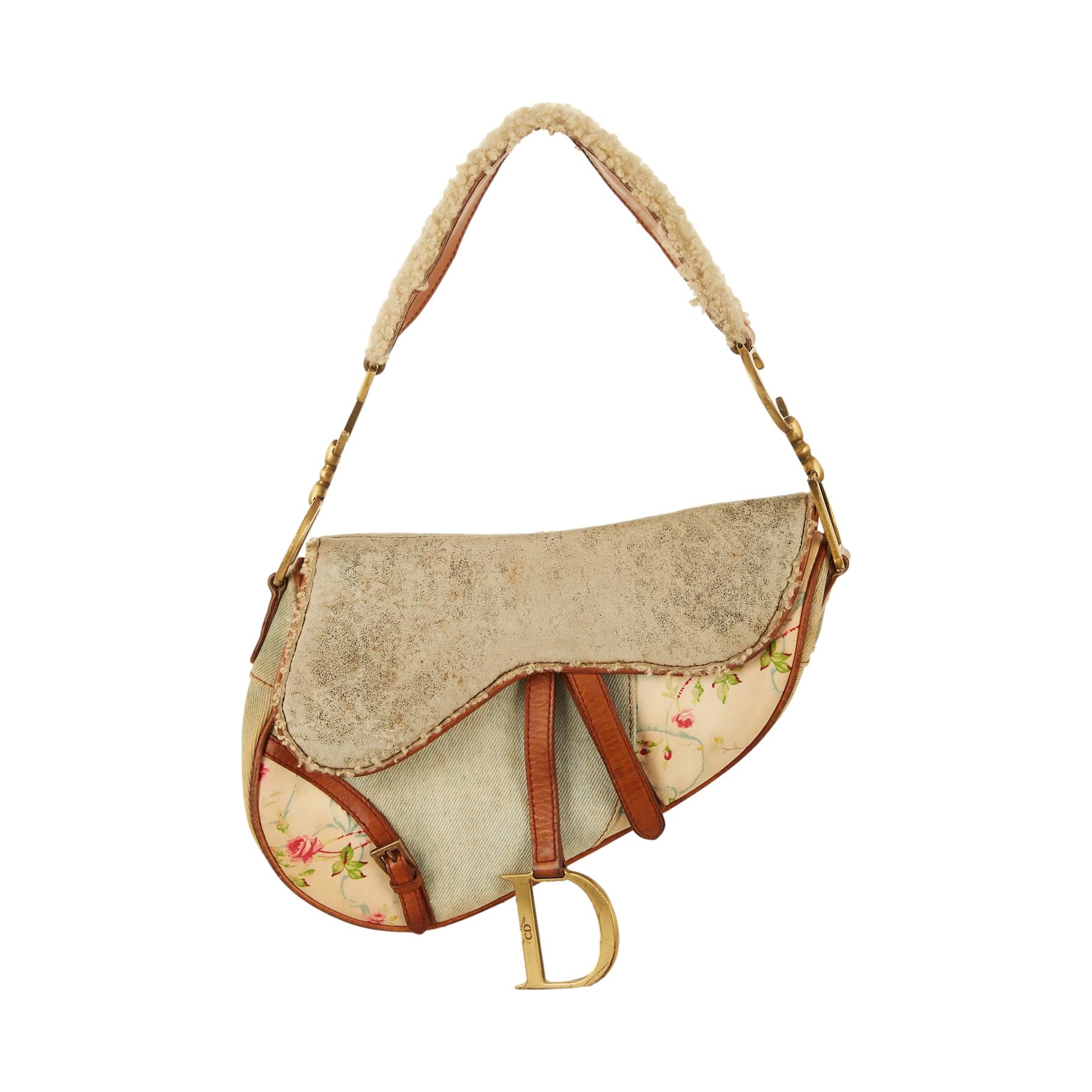 Dior Denim Floral Shearling Saddle Bag