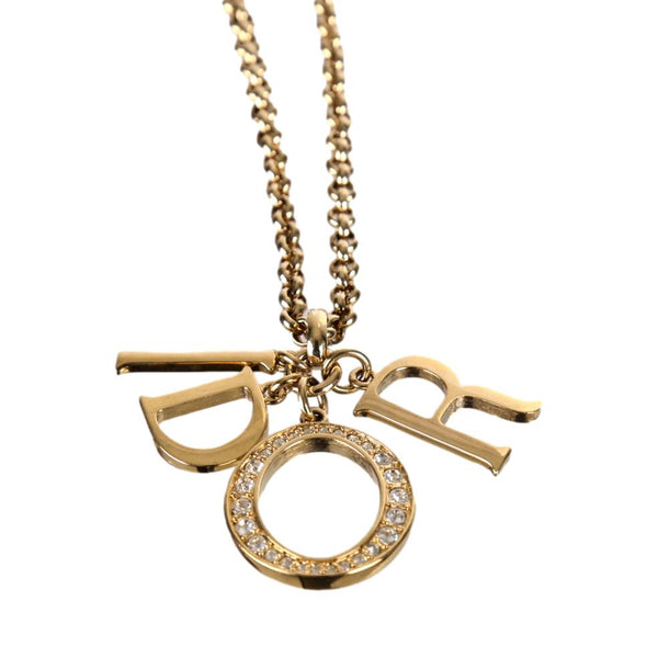 Dior Gold Logo Rhinestone Charm Necklace