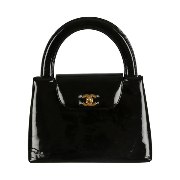 Rare Vintage Chanel Black Patent Quilted Mini Chain Top Handle Bag For Sale  at 1stDibs