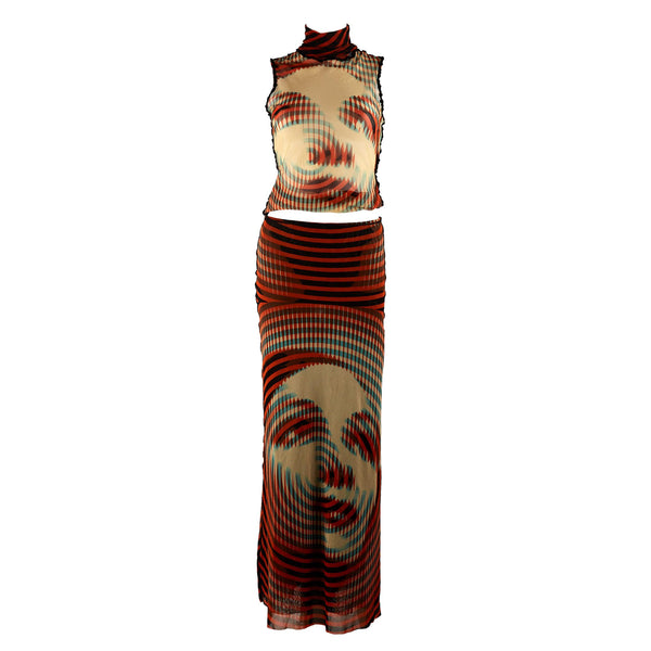 Jean Paul Gaultier Orange Face Print Mesh Skirt Set
