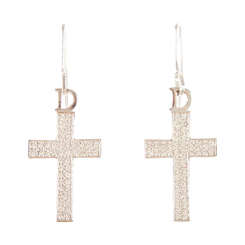 Dior Silver Rhinestone Cross Earrings