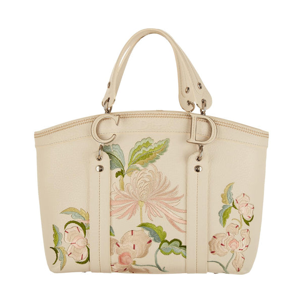 Dior White Floral Stitched Top Handle Bag