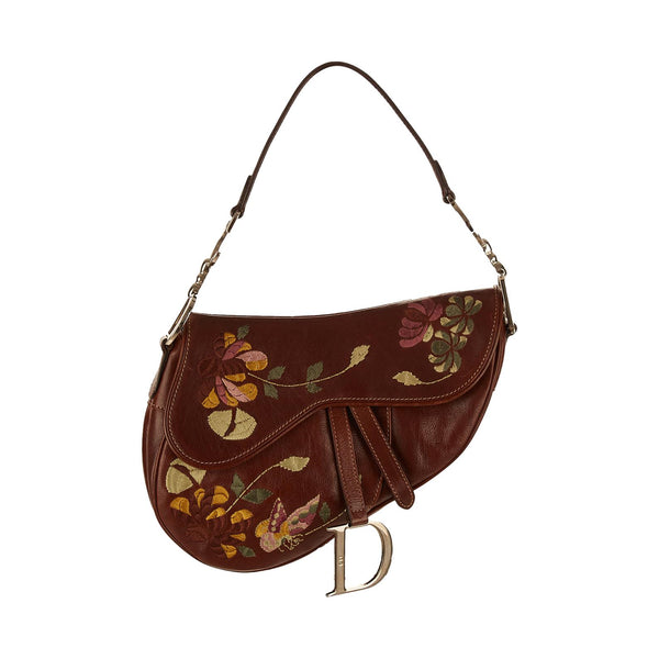 Dior Brown Floral Stitched Saddle Bag