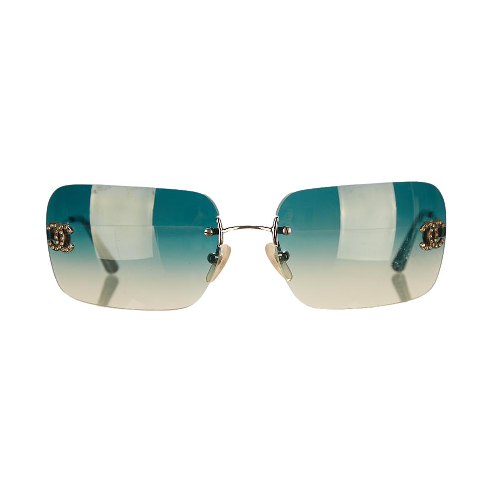 Chanel Turquoise Rimless Rhinestone Logo Sunglasses