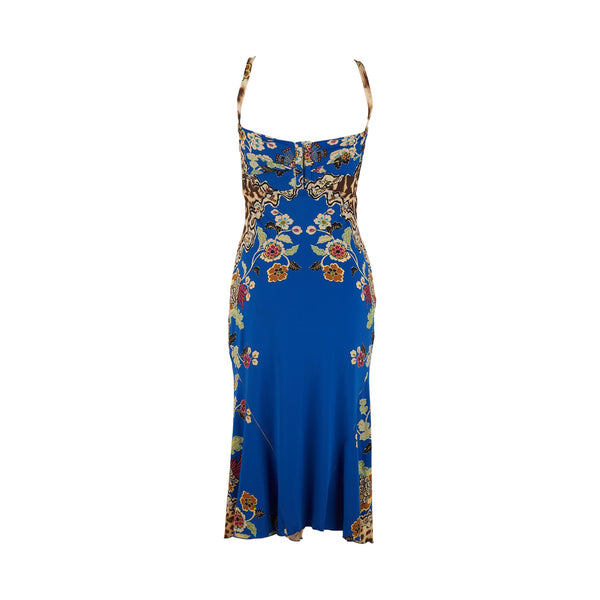 Roberto Cavalli Blue Floral Print Tie Dress