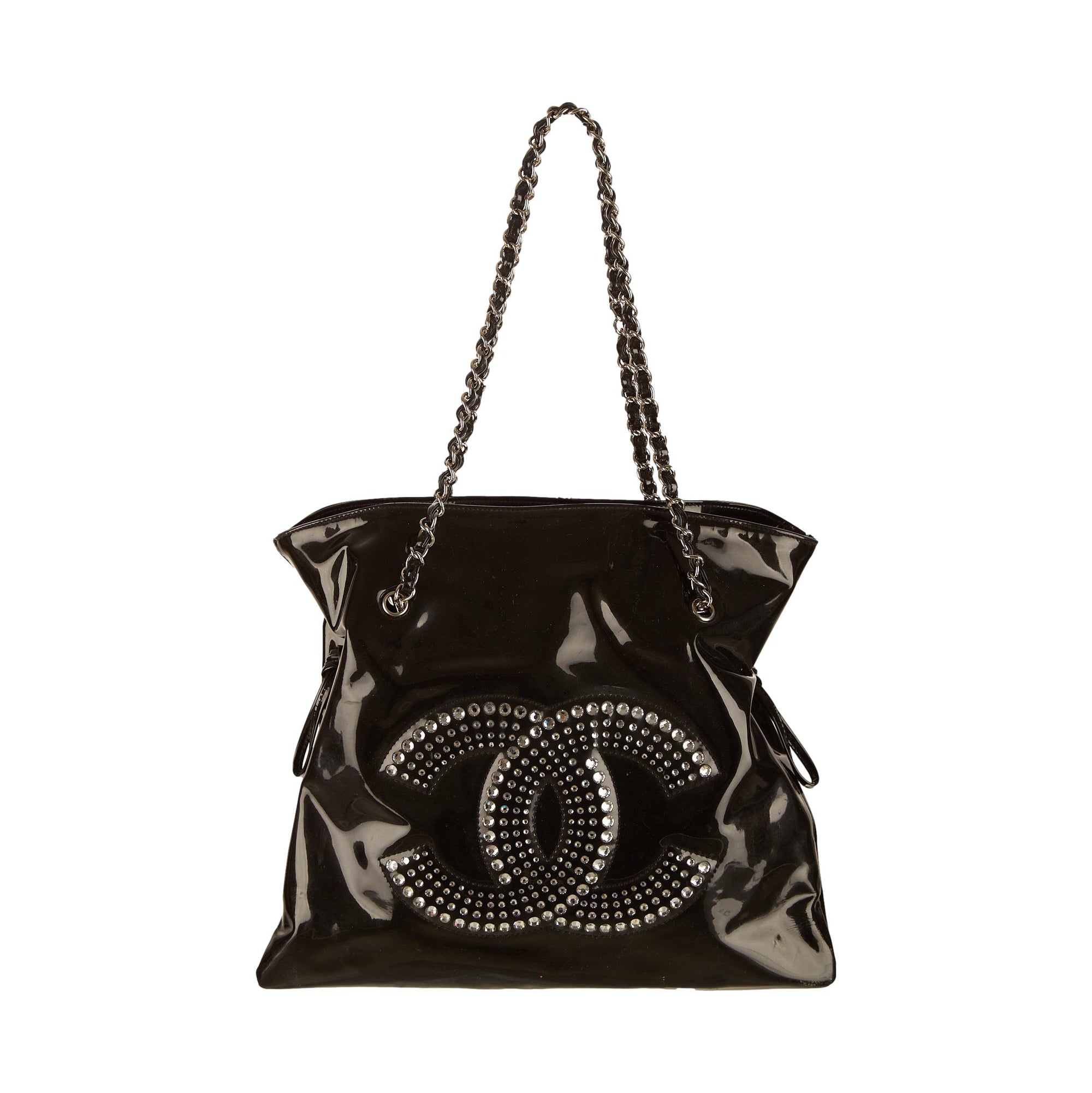 Chanel Black Rhinestone Logo Chain Shoulder Bag