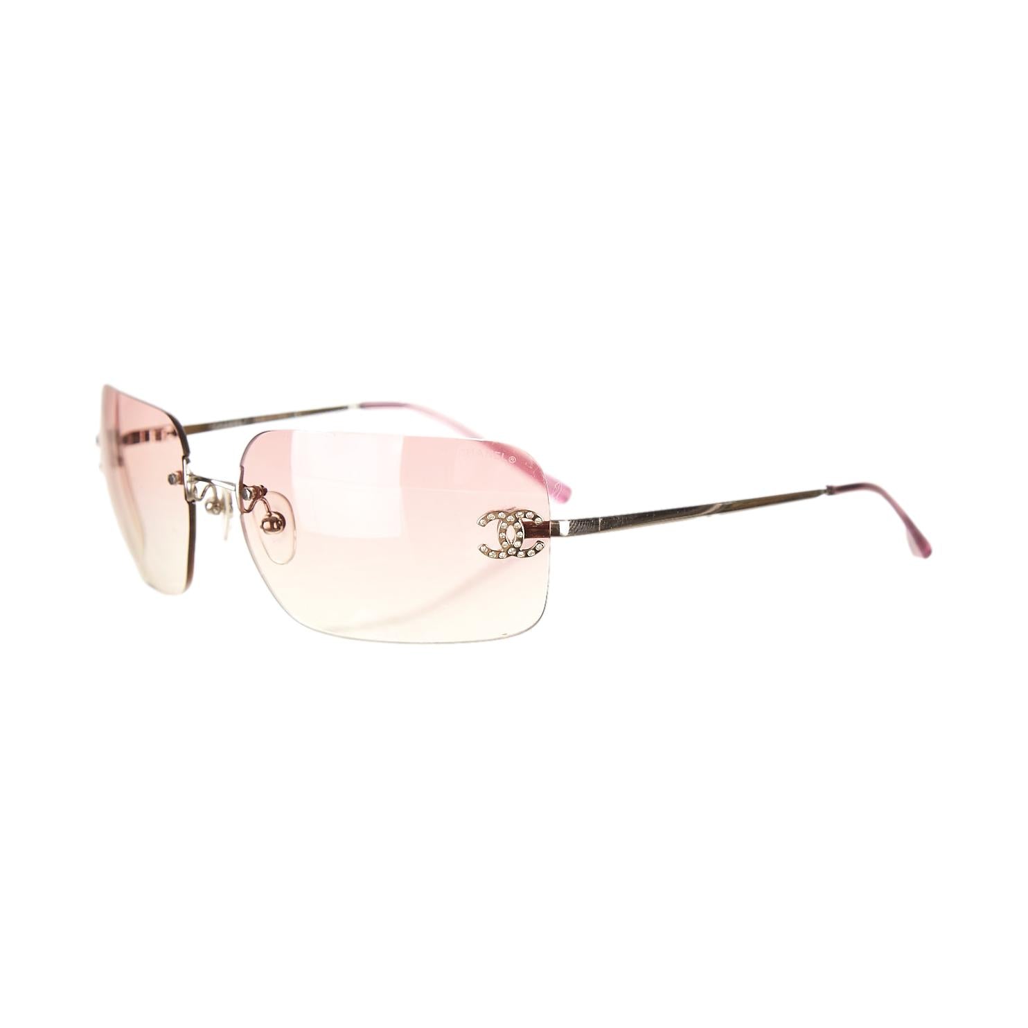 Chanel Pink Rhinestone Rimless Logo Sunglasses