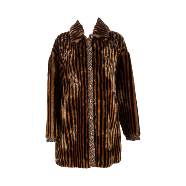 Fendi Brown Striped Logo Fur Coat