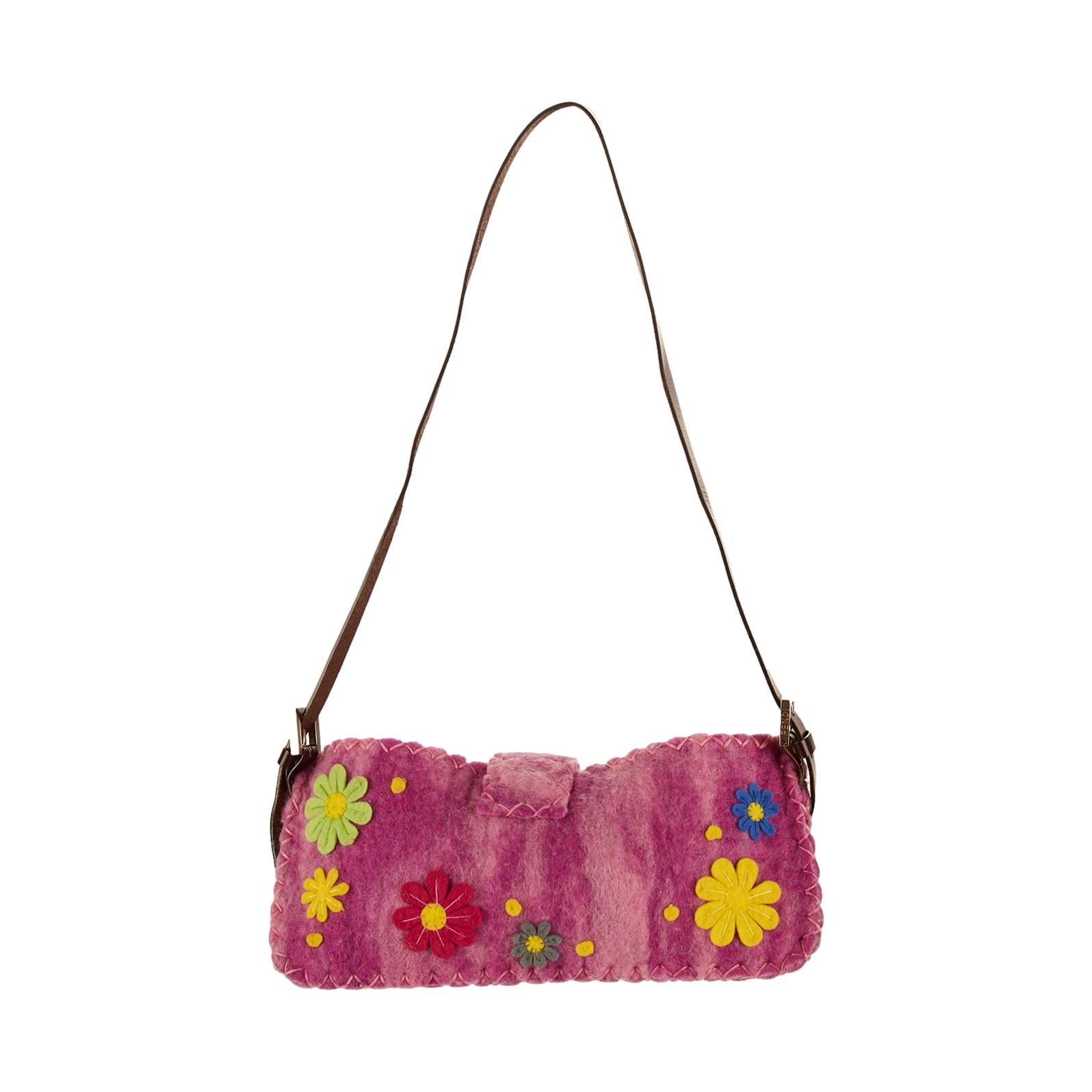 Fendi Pink Wool Floral Shoulder Bag