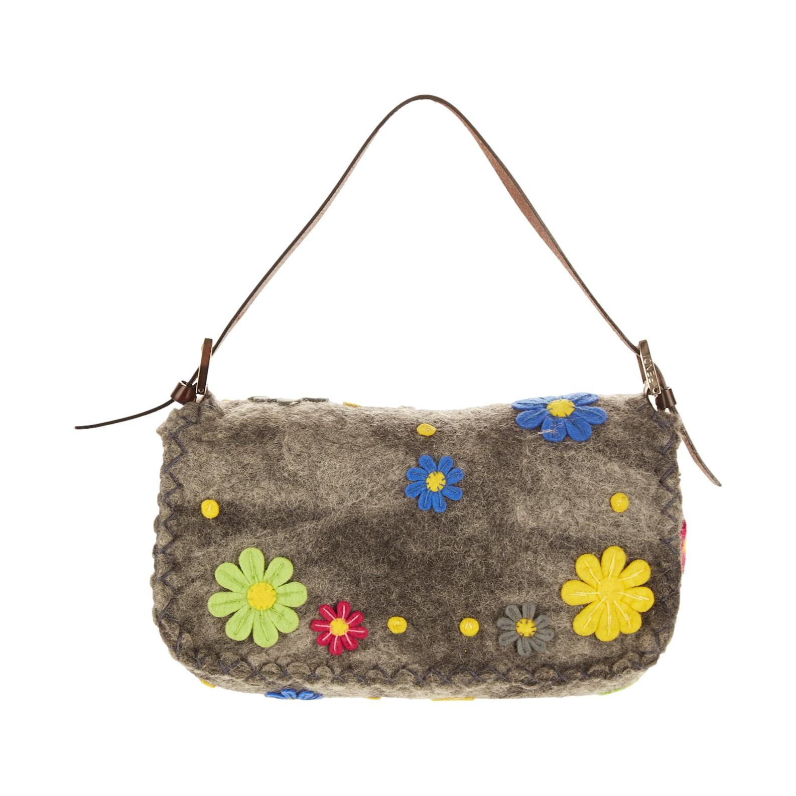 Fendi Grey Floral Felt Baguette