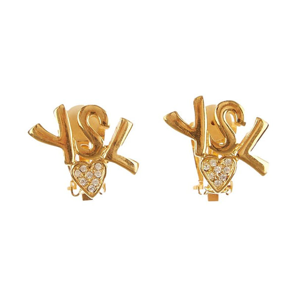 YSL Gold Rhinestone Heart Logo Earrings