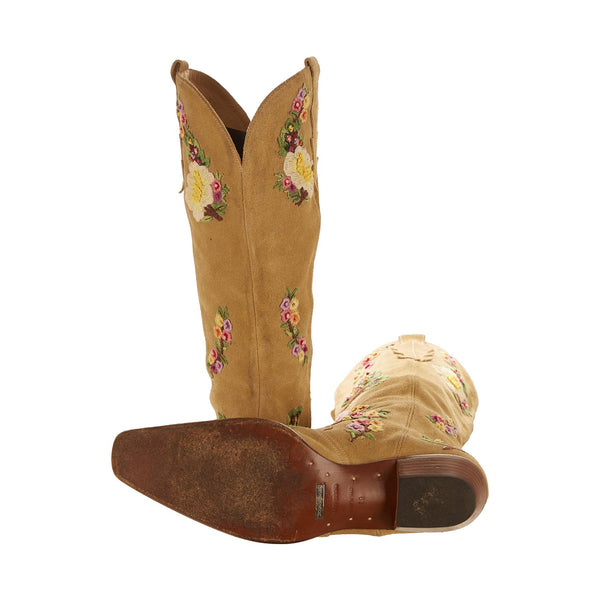 Dolce & Gabbana Tan Floral Embroidered Cowboy Boots